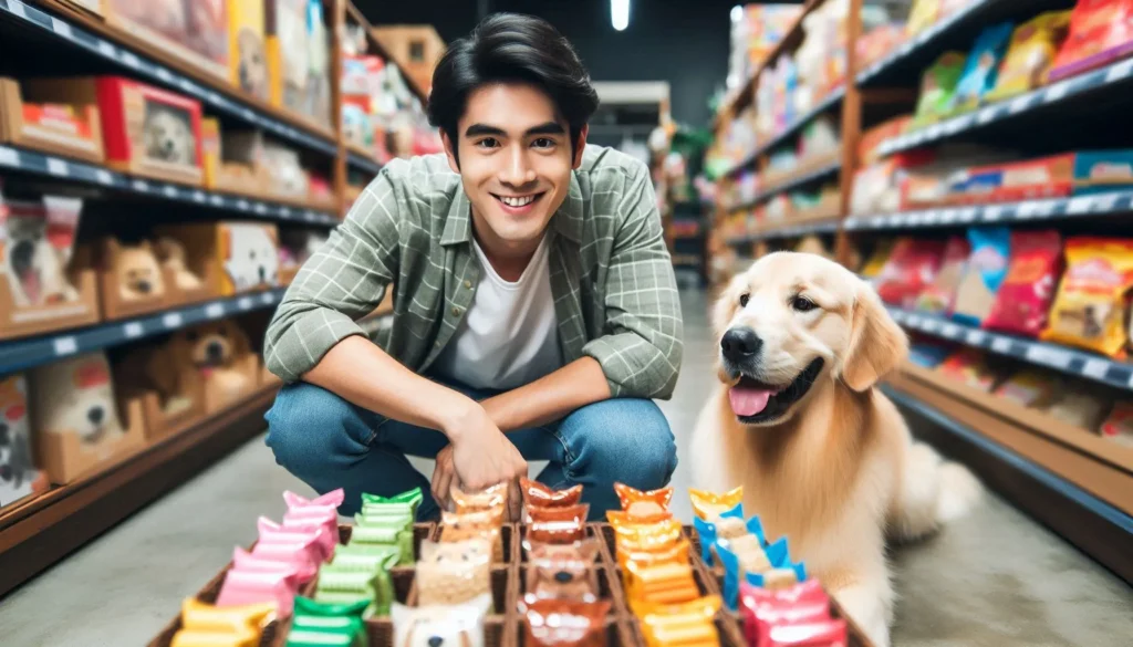 Dono de um cão procurando petisco para ele